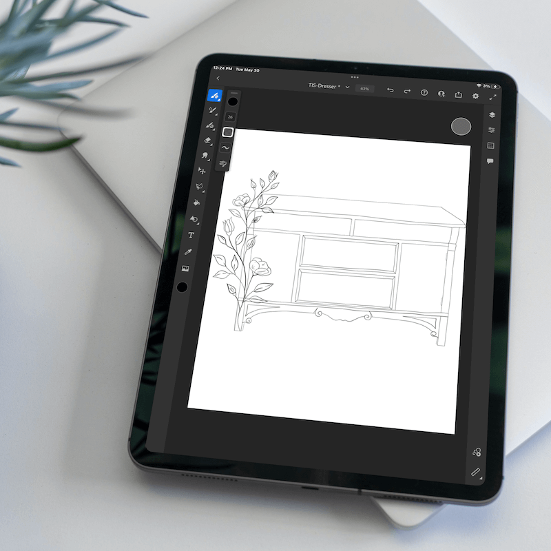 Digital sketch of a dresser that was ultimately not used in the final brand design.