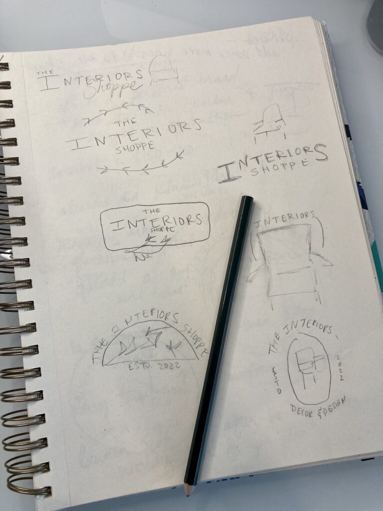 Multiple initial sketch ideas for the primary logo of The Interior Shoppe